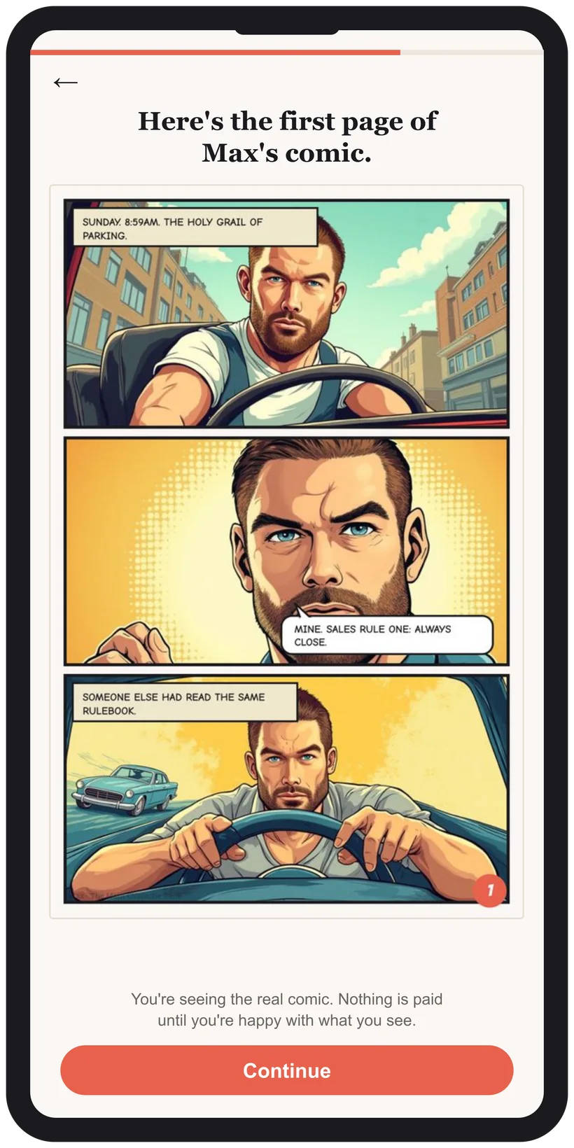 The quiz preview screen showing a real generated comic page